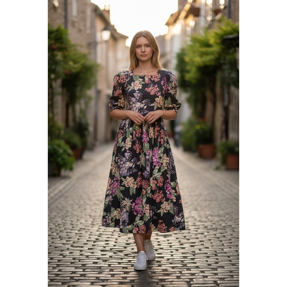 Vintage Laura Ashley Dark Botanical Floral Midi Dress Cotton Size 6